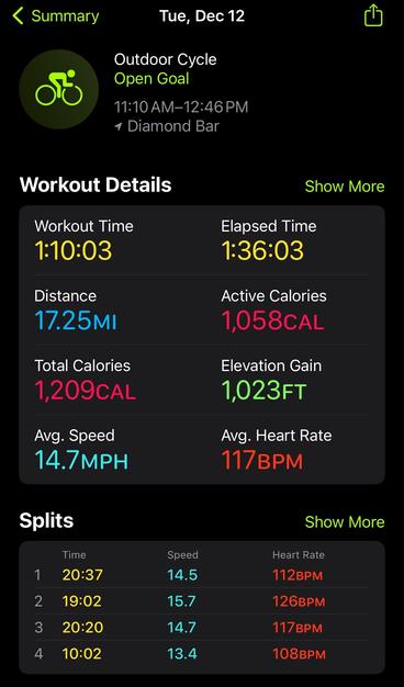 Workout details screenshot showing a total time of 1:10:03, distance of 17.25 miles, 1,023 feet elevation gain, average speed of 14.7 mph and an average heat rate of 117 bpm.