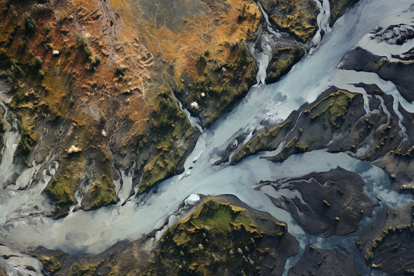 Generated by AI. Image that looks like a satellite photo of a watershed.
