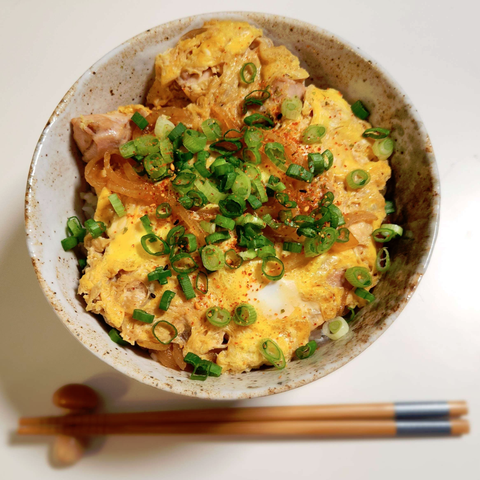 A stoneware bowl, speckled with earth tones. Inside is eggs, onion and chicken on a bed of rice. It is topped with green onion and japanese seven spice. There's a chopstick resting on a wooden mushroom.