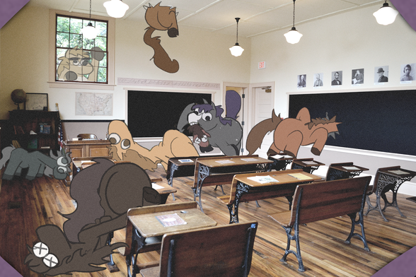 Some horses mixing it up in a classroom. One horse has its head shoved into the wall, one is emerging from the ceiling, there's a horse with a severed head in its mouth, a dead horse, and two inexplicably rubbing their heads against a teacher's desk.

there's also another horse peering in from the window