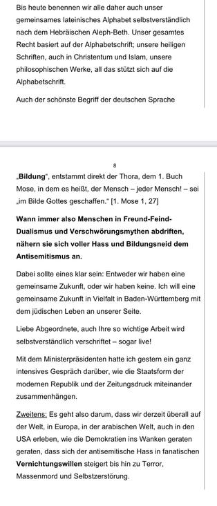 Screenshot der Rede von Dr. Michael Blume vom 9.11.2023 im Landtag Baden-Württemberg, in der er „Bildung“ als „schönsten Begriff der deutschen Sprache“ bezeichnete. Link führt zum Rede-pdf.