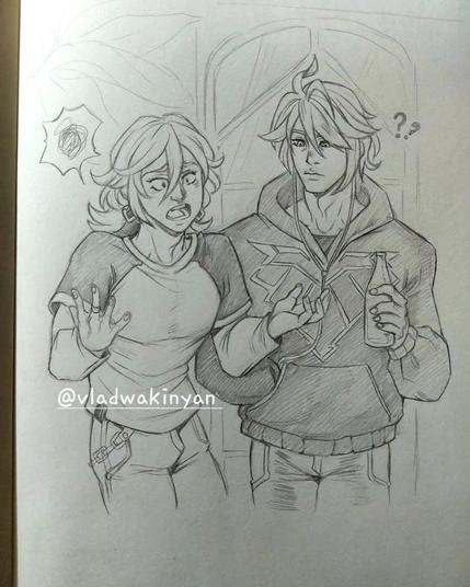 Kaveh and Alhaitham of Genshin Impact, dressed in casual clothes, together, while Kaveh explains something to him in an altered manner and Alhaitham seems not to know what he is talking about.