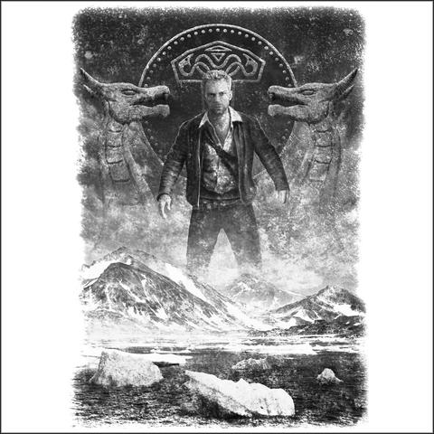 Illustration. Bergige Eislandschaft, Grönland. Am Horizont der Held in Indiana Jones-Pose. Im Hintergrund Thors Hammer und zwei Wikinger-Drachenköpfe.