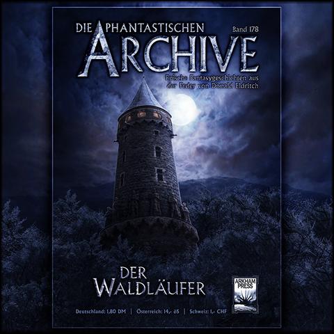 Illustration Archive. Ein Turm im Wald mit Vollmond.