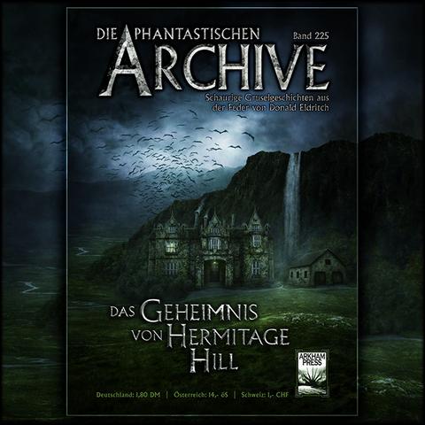 Illustration Archive. Ein englisches Adelshaus vor einem Berg mit Wasserfall und Fledermäusen am Nachthimmel.