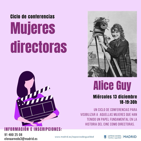 Cartel de evento. Ilustración de persona con pelo largo y claqueta. Foto de Alice Guy.