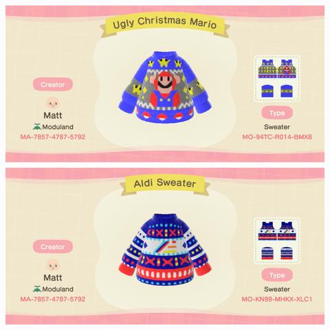 Collage of two Animal Crossing: New Horizons screenshots. Both are from the custom design screen showing that Matt from Moduland (MA-7857-4787-5792) designed two different sweaters. Both are of "Ugly" Christmas sweaters. The upper one is one with 8-Bit Mario in the center with Super Star designs across the top and sleeves and small mushrooms on the bottom. The custom design is called "Ugly Christmas Mario" with a design code of MO-94TC-R014-BMX8. The bottom one is called "Aldi Sweater" with a design code of MO-KN99-MHKX-XLC1. The sweater has the blue, dark blue, red, and yellow Aldi "A" design in the center with dark blue base of the sweater. The A is in the middle of a white stripe. Above and below said stripe are red X's with some patterns. There's a different alternating white spots over a red stripe pattern near the bottom of the sweater.