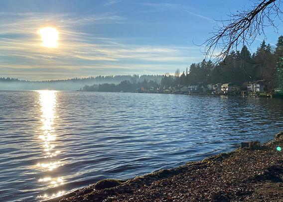 A misty photo of Lake Washington taken from Log Boom Park in Kenmore.