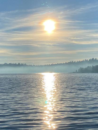A misty photo of Lake Washington taken from Log Boom Park in Kenmore.