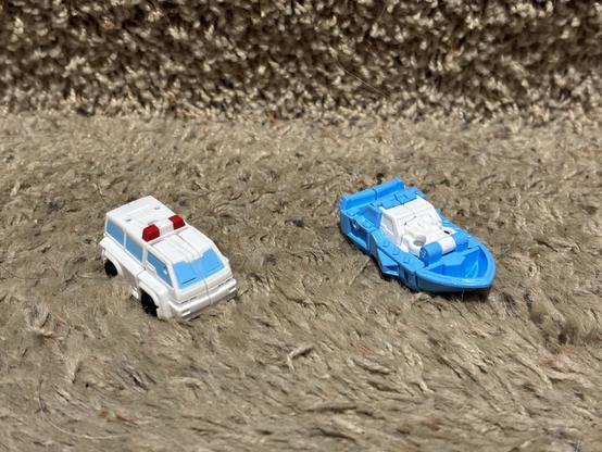 Transformers HasLab Legacy Pipo and Boater in vehicle mode: an ambulance and a rescue boat