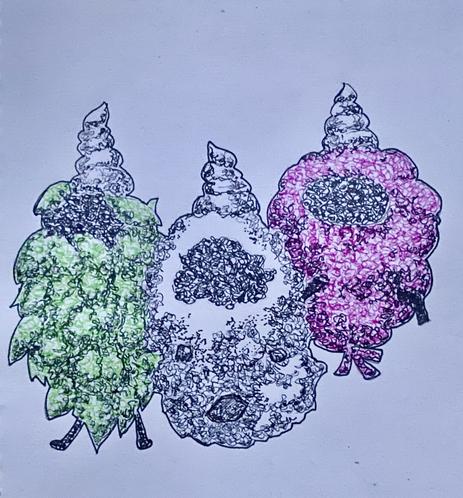 Imagen dibujada a mano con bolígrafos de colores de tres pokemon Burmy (planta, arena y basura) decoradas con motivos galácticos.