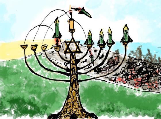 Ingekleurde Oost Indische inkt tekening. Op de voorgrond staat een chanoukia met ipv kaarsjes (behalve de sjamasj) raketten. Vier zijn inmiddels afgevuurd. Op de achtergrond, net voor het blauwe (de zee) een in puin liggend gebied. De voorgrond is fris groen.