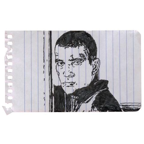 Pen drawing of a young Antonio Banderas looking stern drawn on a torn-out notebook page.