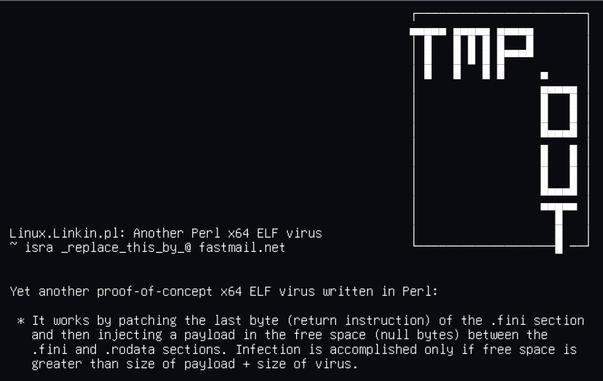 Yet another proof-of-concept x64 ELF virus written in Perl:

 * It works by patching the last byte (return instruction) of the .fini section
   and then injecting a payload in the free space (null bytes) between the
   .fini and .rodata sections. Infection is accomplished only if free space is
   greater than size of payload + size of virus.