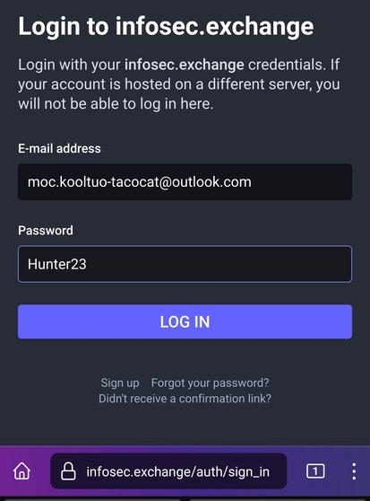 Mastodon login screen showing one of my many, many emails with my super secure password.

(Note to self, don't forget to change password in January)