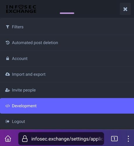 Settings menu with Development section visible.  

/settings/applications