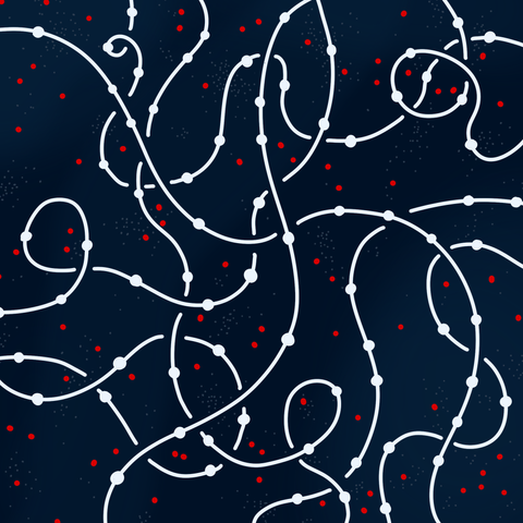 White Lines and red dots on dark blue background.