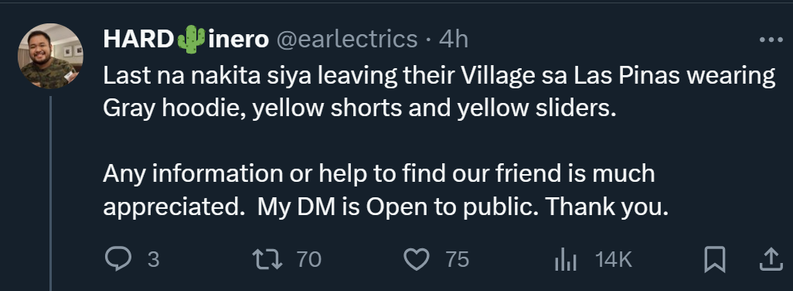 HARD Inero @nearlectrics (twitter username). Hi everyone. We need your help. We're worried for a friend, Mark Steven Florencio. He left just yesterday for lunch and he hasn't come home yet until now. His phone is at home and we have no way to contact him.