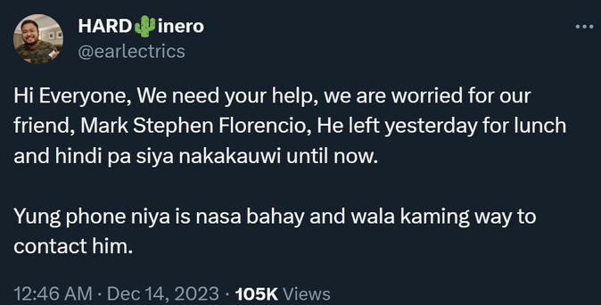 He was last seen leaving their village in Las Pinas wearing a gray hoodie, yellow shorts, and yellow sliders. Any information or help to find our friend is much appreciated. My DM is open to the public. Thank you.