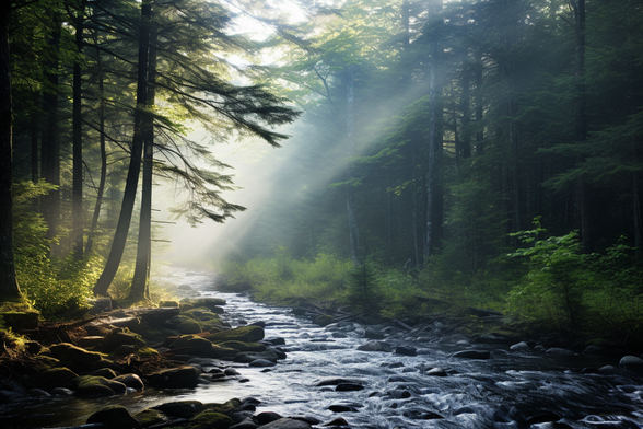 Generated by AI. A Vermont watershed on a misty morning with beams of sunlight. Peaceful.