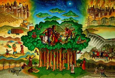 Painting by Federico Boy Dominguez, Climate Change, 2017. Peasant Studies Journal Agrarian Conversations Library. Painting showing a group of trees in the middle, blue slu above, a family of people working inside the crowns of the trees, fostering the trees and blue sly, but pollution, over exploitation all around