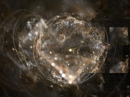 Against a black background is a roughly circular form, out of which swirl gold and white clouds spangled with stars and pearly spheres. At left, translucent oblong rings peel away from the central nebula. On the right, a rectangular shape cuts into the image with a magnified perspective, as if to provide a glimpse into another dimension.