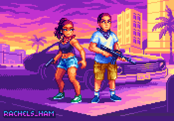 Pixel art drawing of Lucia and Jason from GTA 6. They are both posed holding weapons and standing in front of a pony car. The background is a Miami skyline with high rise buildings and palm trees.