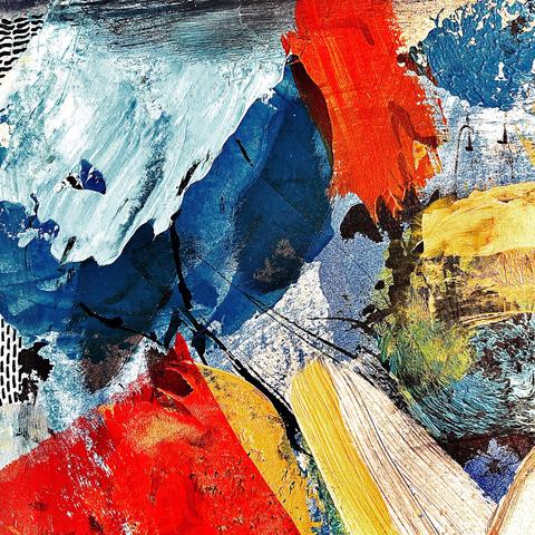 Abstract painting with vibrant swatches of blue, red, yellow, and white paint overlaid with textured strokes and patterns.