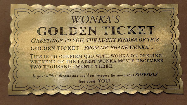 A picture of the “W0NKA’S Golden Ticket” QSL card that will be provided for QSO’s and shortwave reception of this special event.