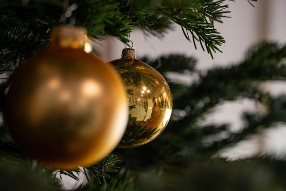 Nahaufnahme eines Tannenbaumes mit goldenen Kugeln