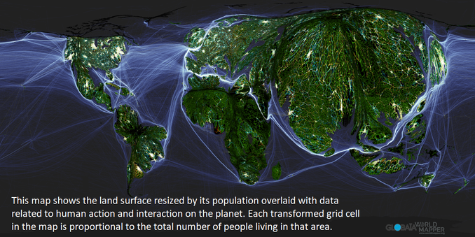 map - global - Anthropocene World - shows the land surface resized by its population overlaid with data related to human action and interaction on the planet. Each transformed grid cell in the map is proportional to the total number of people living in that area.