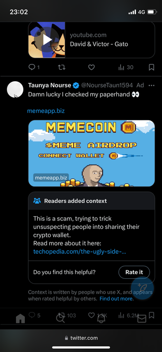 A screenshot of X (previously Twitter) showing an ad for a cryptocurrency scam, with a community note attached to it describing the scam.