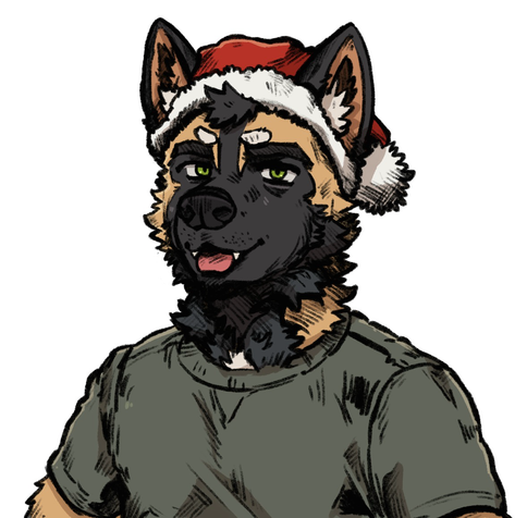 Chest-up drawing of an African Wild Dog with his tongue sticking out and wearing a Christmas hat