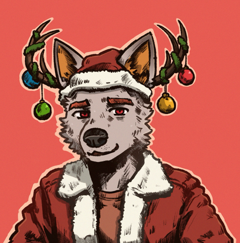 Chest-up drawing of a canine with antlers, decorated in Christmas ornaments and wearing a Santa costume