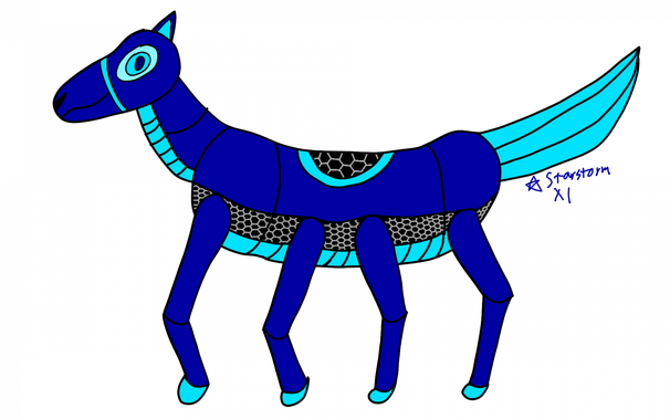 A blue mechanical eight legged horse with a cyan underside, mane, and ends of hooves. Their "saddle" and middle portions are black with a hexagon pattern