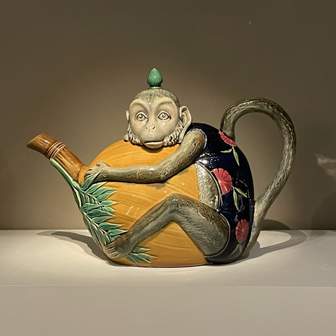 Monkey Teapot Mintons Ltd., designed c. 1873, this example 1894 glazed earthenware (Majolica) on display at Majolica Mania exhibition, Walters Art Museum