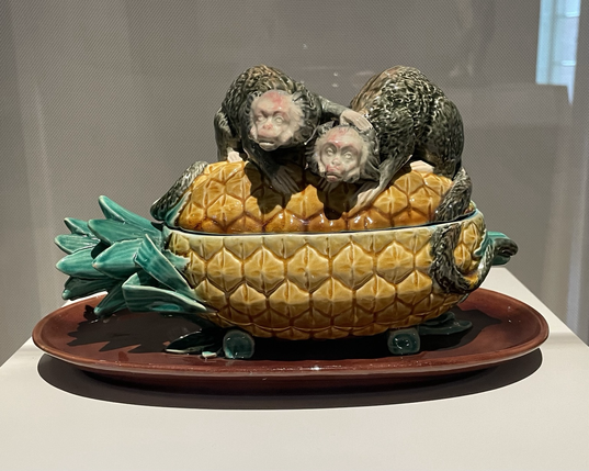 Monkey Inkstand Minton & Co., design registered 1872 glazed earthenware (Majolica) on display at Majolica Mania exhibition, Walters Art Museum