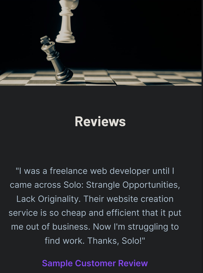 Reviews

"I was a freelance web developer until I came across Solo: Strangle Opportunities, Lack Originality. Their website creation service is so cheap and efficient that it put me out of business. Now I'm struggling to find work. Thanks, Solo!"
Sample Customer Review