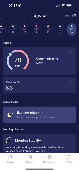 Screenshot of Visible app

Pacing
Graphic showing: 78 bpm
Current HR zone: Rest
PacePoints 8.3