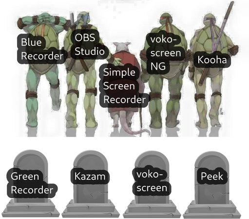 Ninja turtles (Blue Recorder, OBS Studio, vokoscreenNG and Kooha) accompany their aged master (SimpleScreenRecorder).
Below that, there are four graves for Green Recorder, Kazam, vokoscreen and Peek.