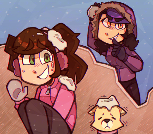 Akaei and Buttercup hide behind a mound of snow while Ashika prepares to lob a snowball right at her face. Buttercup has already been hit, with snow covering the top of her head.