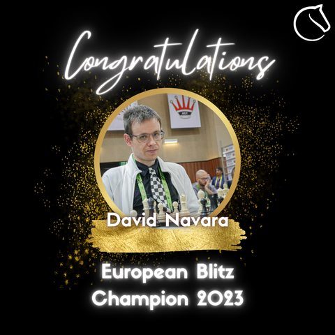 Celebrational composition for the European Blitz Championship. A picture of Navara (credit: Paul Meyer-Dunker, CC BY-SA 4.0 <https://creativecommons.org/licenses/by-sa/4.0>, via Wikimedia Commons), is inside a medallion over a dark background. The text reports: "Congratulations!" above the medallion and David Navara, European Blitz Champion 2023" below.