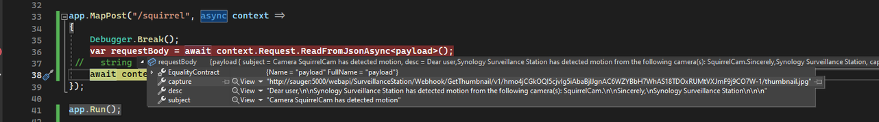 Screenshot Visual Studio. Webhook wurde getriggert; Der Content "SquirrelCam detected motion" aus dem Event ist hervorgehoben.