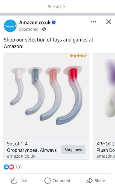An Amazon ad on Facebook shows a set of Oropharyngeal airways in an ad that's meant for toys and games.