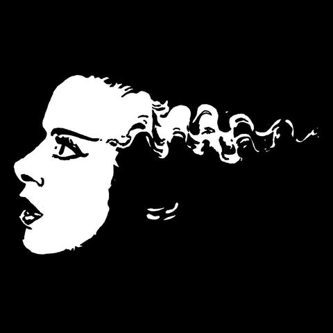 Pen drawing of Elsa Lanchester as the Bride of Frankenstein staring off in profile drawn on a black background.