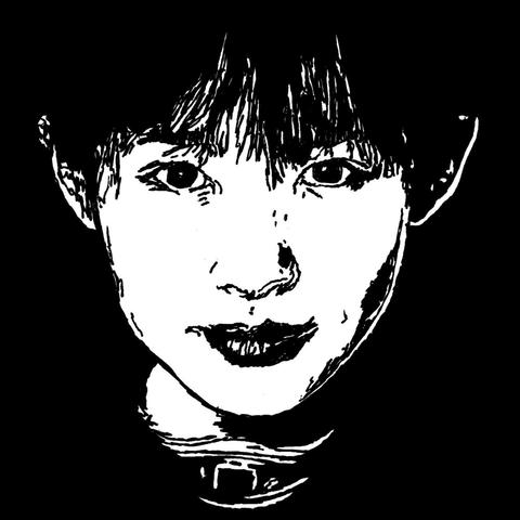 Pen drawing of a close-up of a young Japanese woman’s face smiling and wearing a sci-fi collar drawn on a black background.