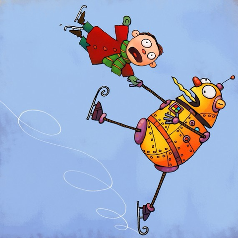 Ice skating boy being spun around by a dizzy robot