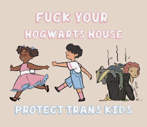 Image of two children walking away from trash 

The image says, "Fuck Your Hogwarts House - Protect Trans Kids"