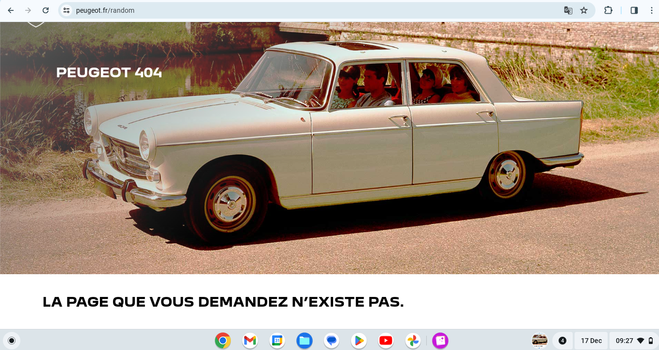 '404' error message from the Peugeot website showing a picture of a white Peugeot 404 saloon/sedan