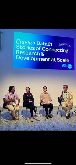 Research and Development at Scale with Bhautik Maggie Stella and Aaron sitting below a screen